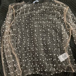 Nude mesh pearl top